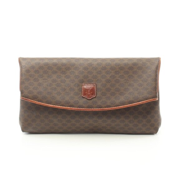 Celine EUC++ Vintage Macadam Monogram Coated PVC Brown Leather XL Clutch - Picture 1 of 17
